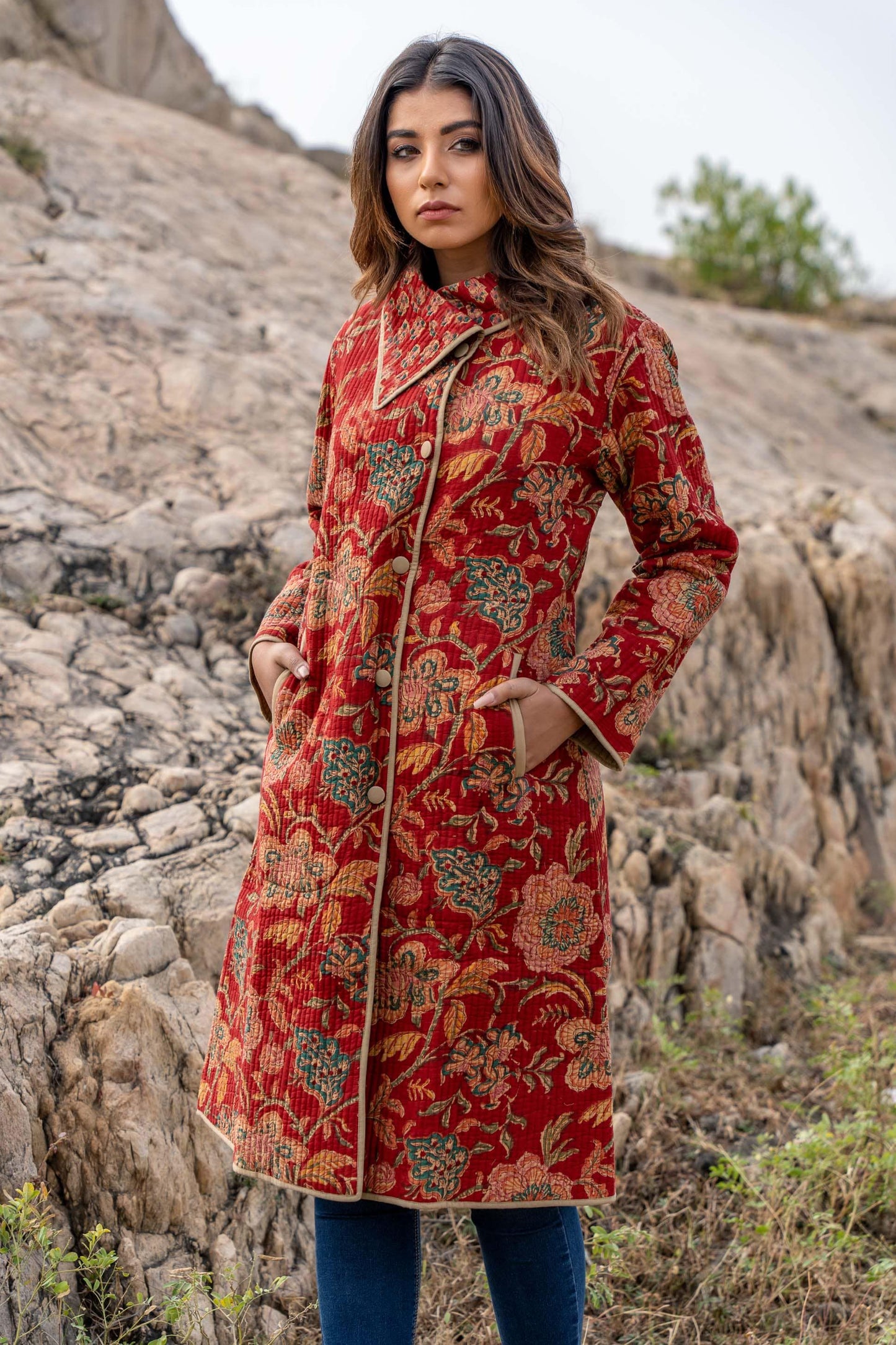 Red Floral Block Printed Quilted Bukhara Coat