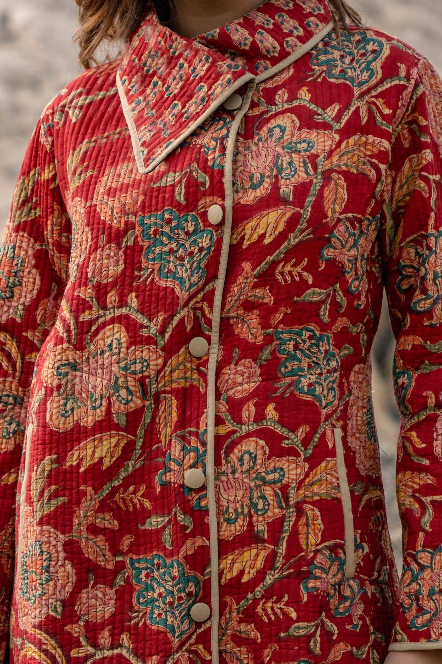 Red Floral Block Printed Quilted Bukhara Coat