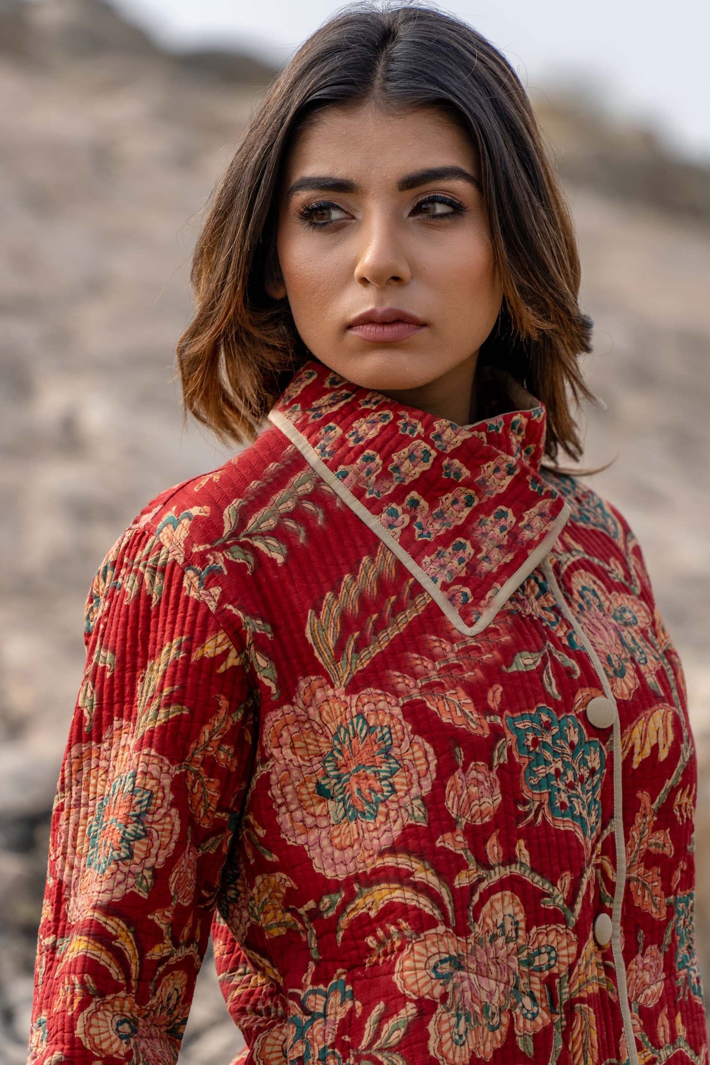 Red Floral Block Printed Quilted Bukhara Coat