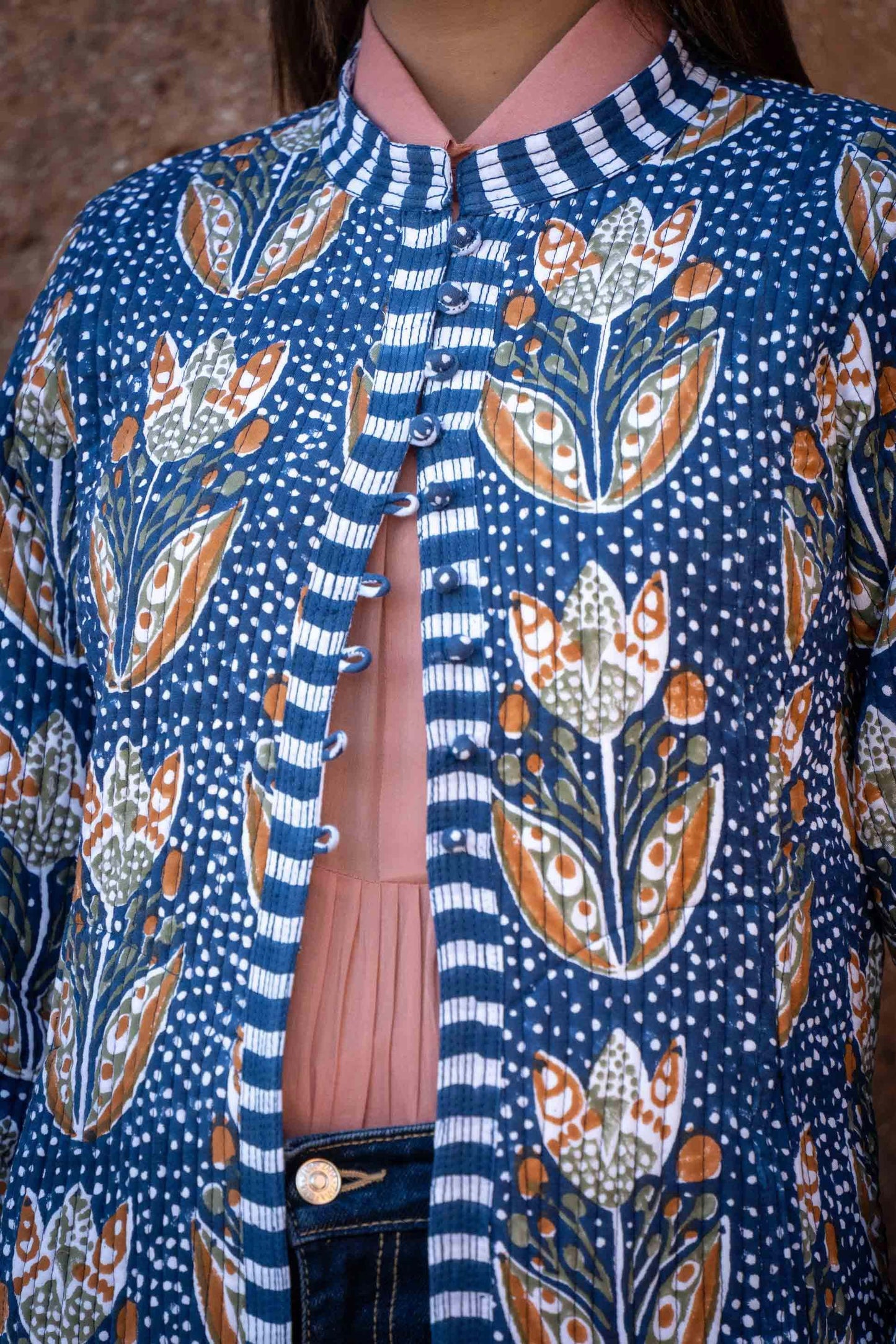 Blue White Block Printed Reversible Quilted Coat