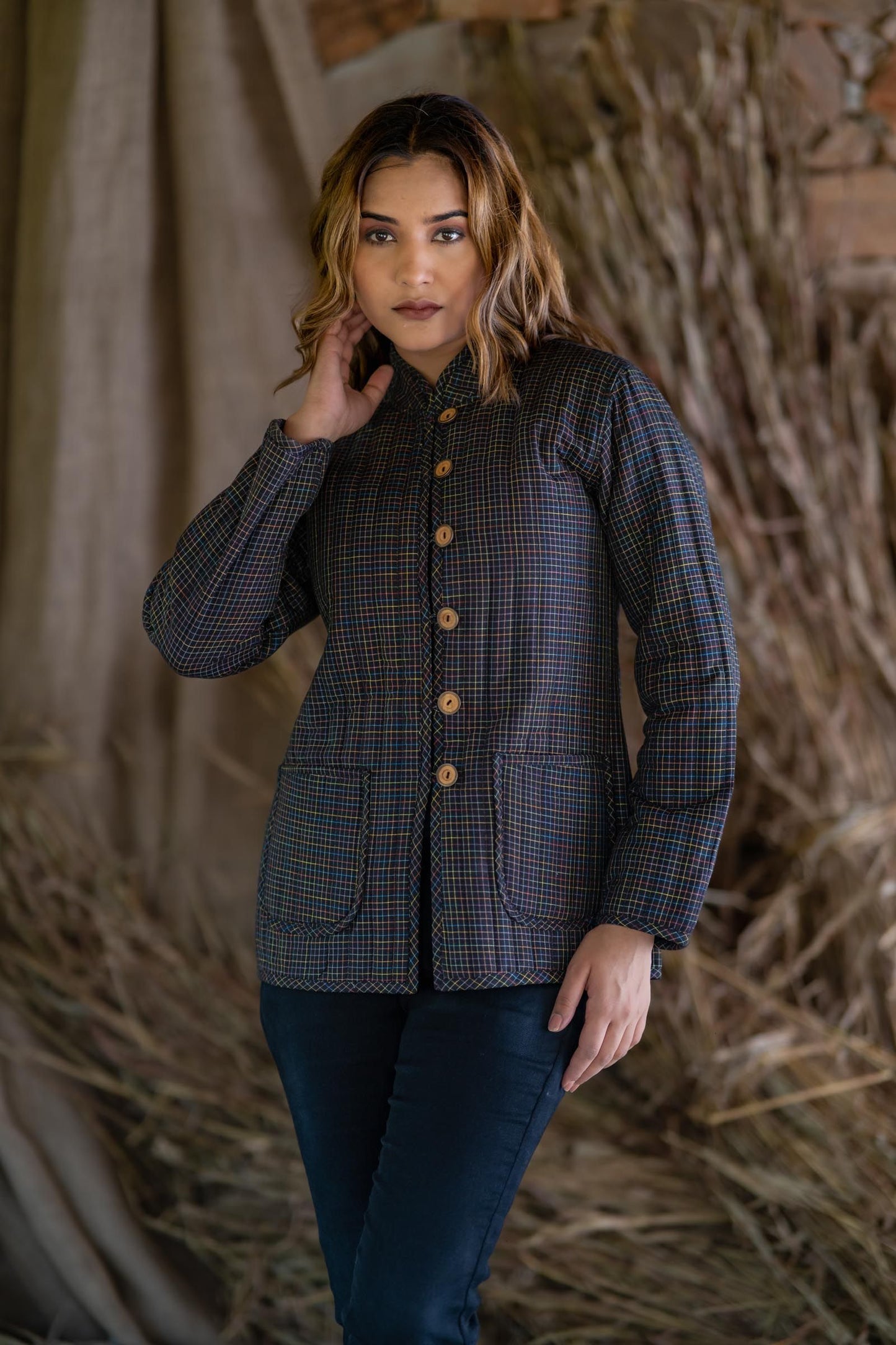 Black Checks Reversible Quilted Jacket