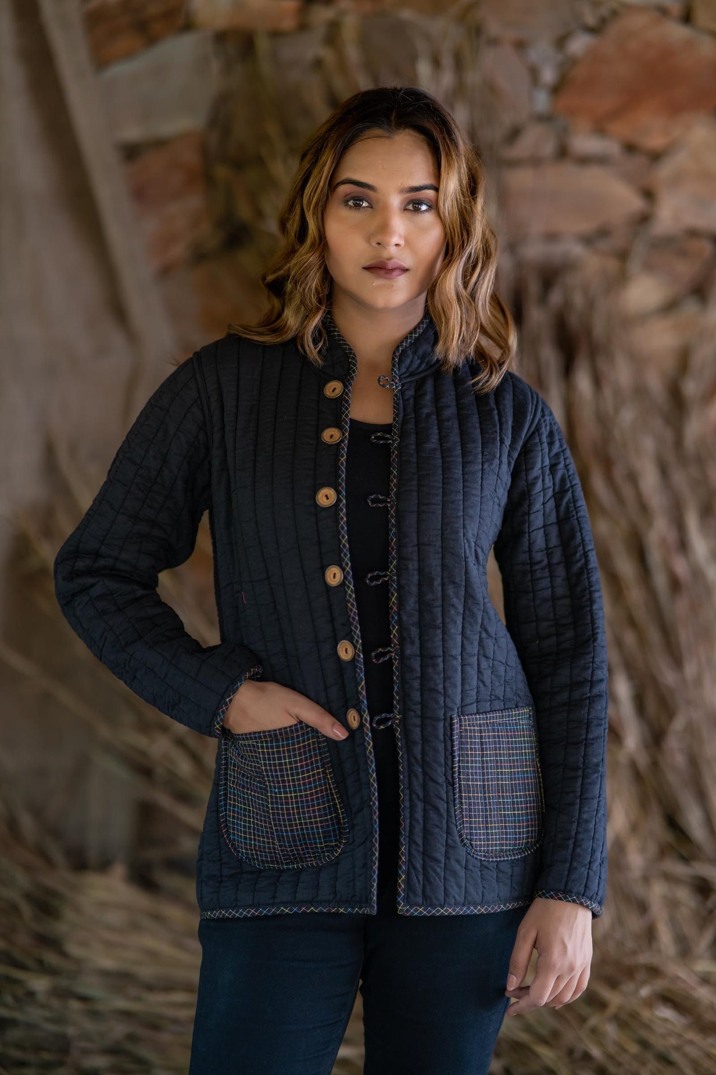Black Checks Reversible Quilted Jacket