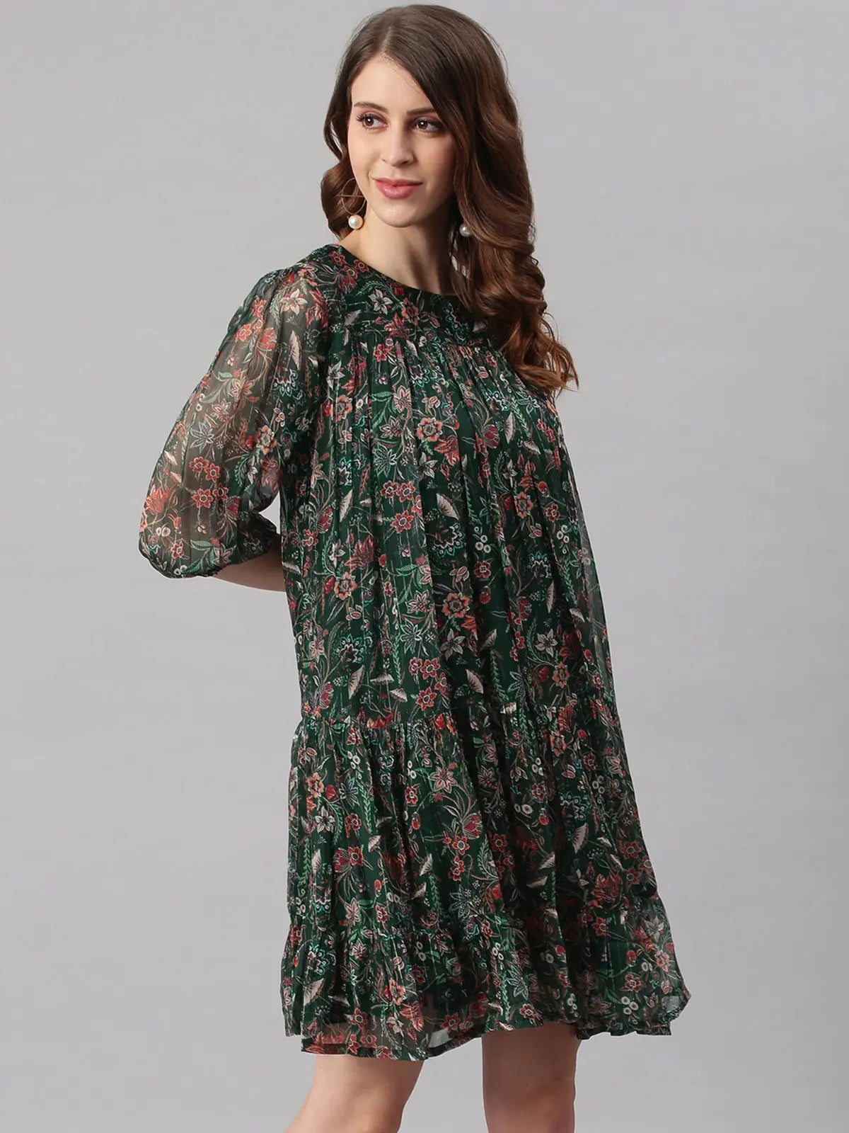Women's Green Poly Georgette Floral Flared Western Dress My Store