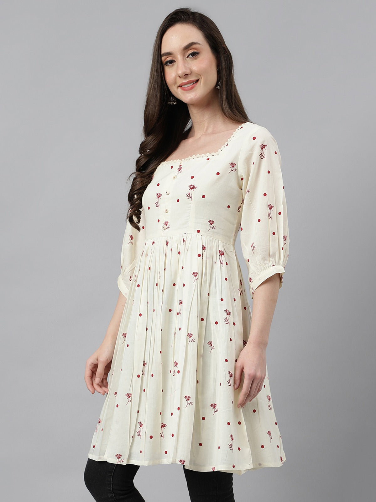 Women's Off White Cambric Cotton Botanical Print Flared Tunic My Store