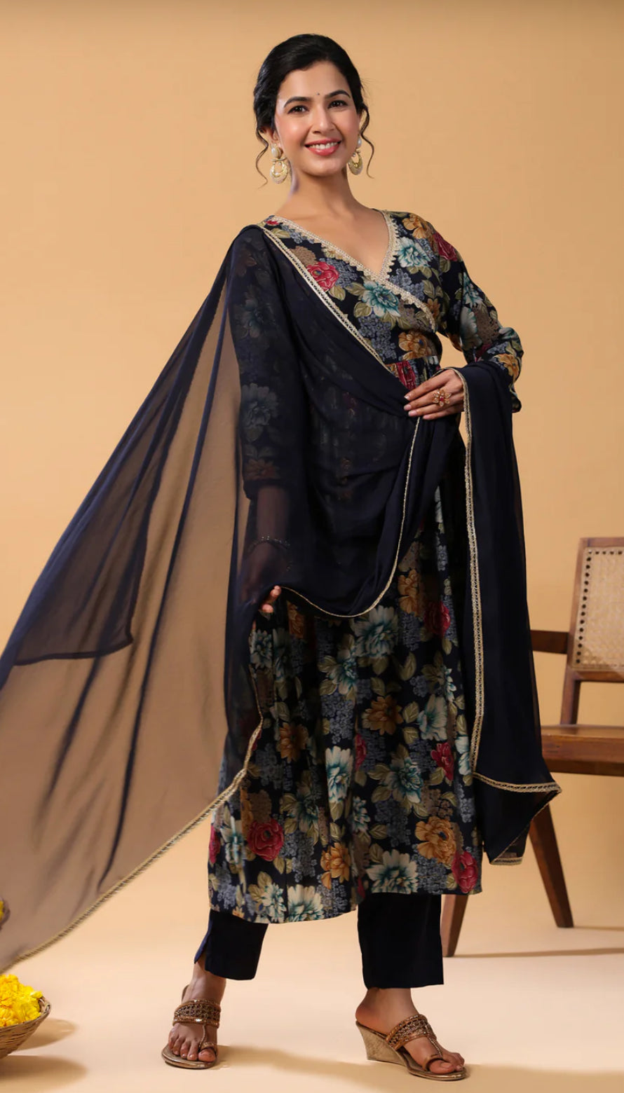 Navy Blue Chanderi Blend Angrakha Kurta Set