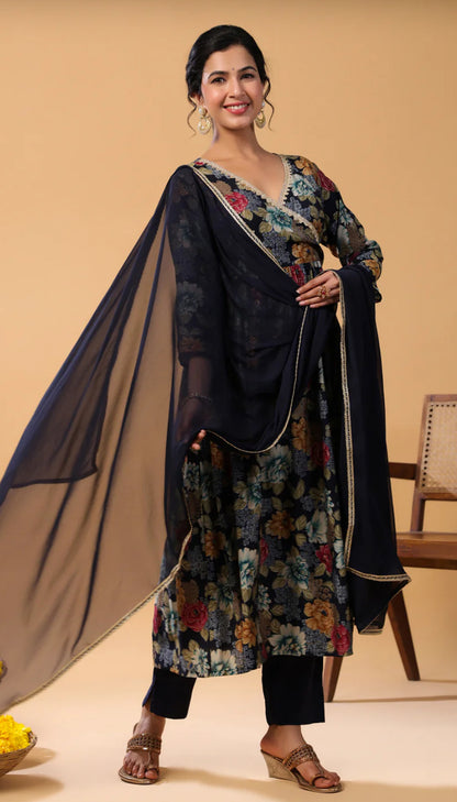 Navy Blue Chanderi Blend Angrakha Kurta Set