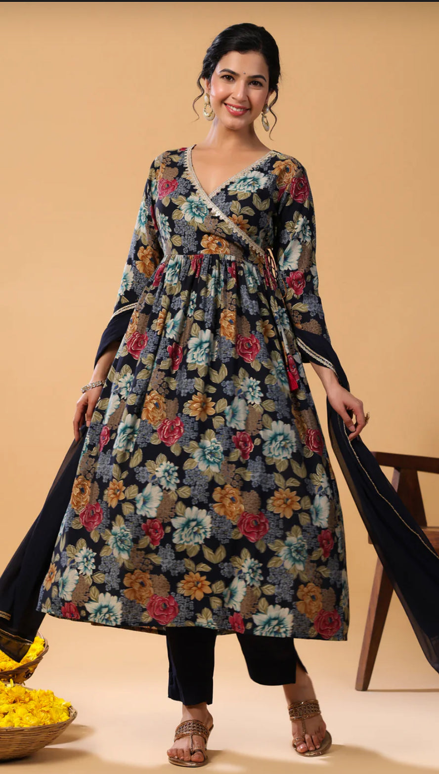 Navy Blue Chanderi Blend Angrakha Kurta Set