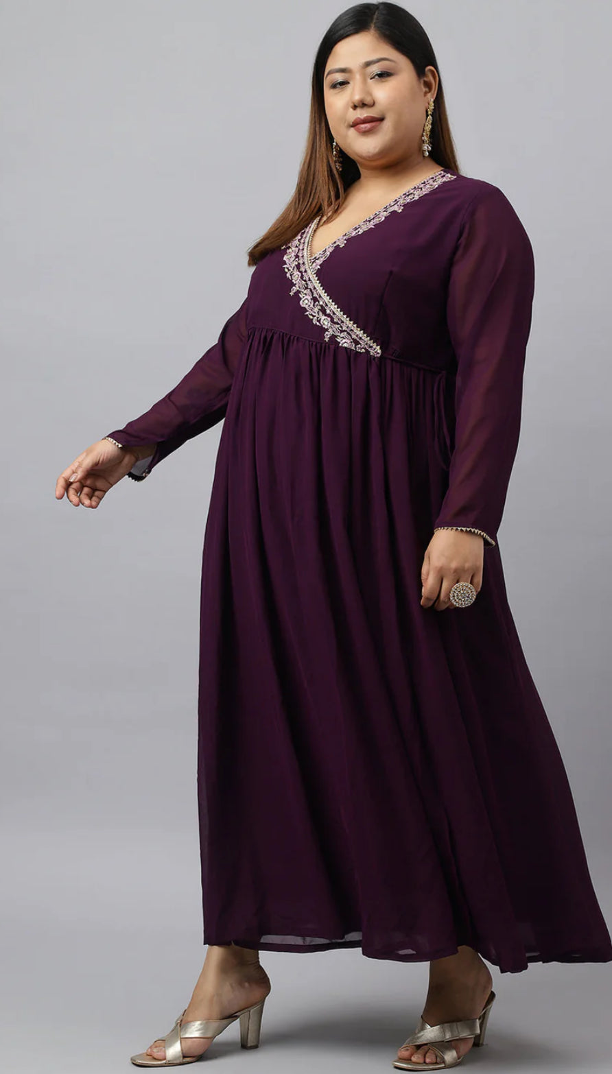 Wine Georgette Embellished Kurta with Dupatta