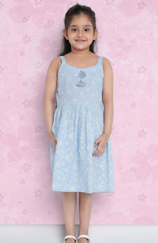Girls Blue Floral Printed Cotton A-Line Dress Indo-Silae