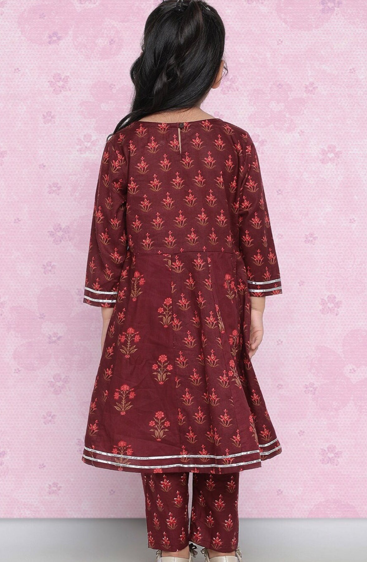 Girls Maroon Ethnic Motifs Printed Regular Kurta With Trousers Indo-Silae