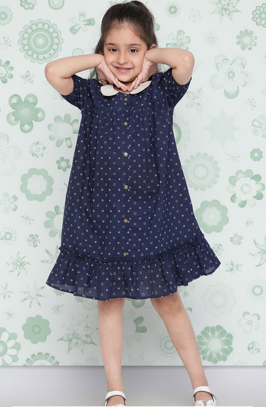 Girls Navy Blue Polka Dot Printed Cotton Ruffled Drop-Waist Dress Indo-Silae