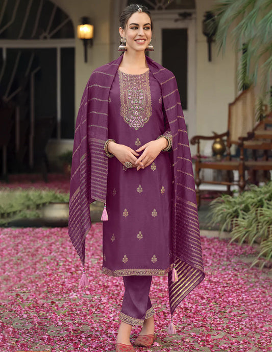 Burgundy Embroidered Straight Kurta Trousers With Dupatta Set Silae: Shop Ethnic & Western Wear for Women
