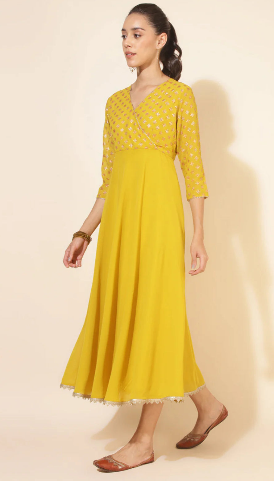 Yellow Georgette Foil Printed Kurta and Dupatta