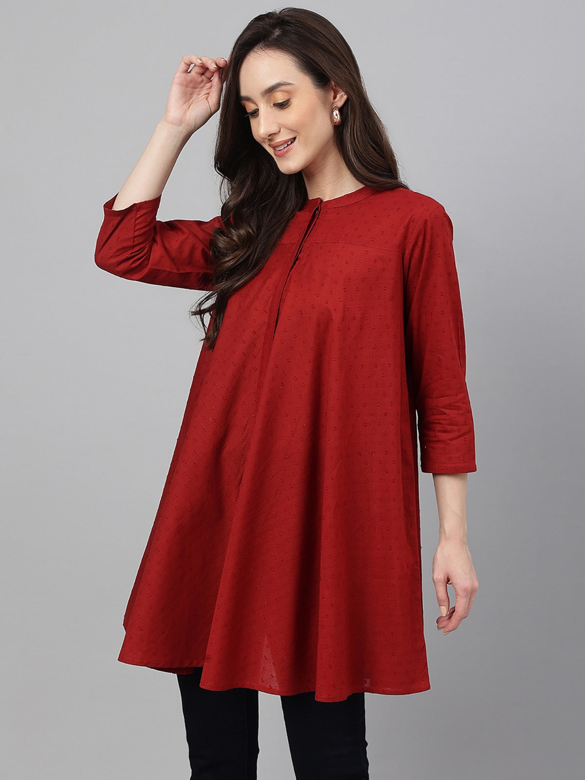 Women's Maroon Dobby Cotton Solid A-Line Tunic