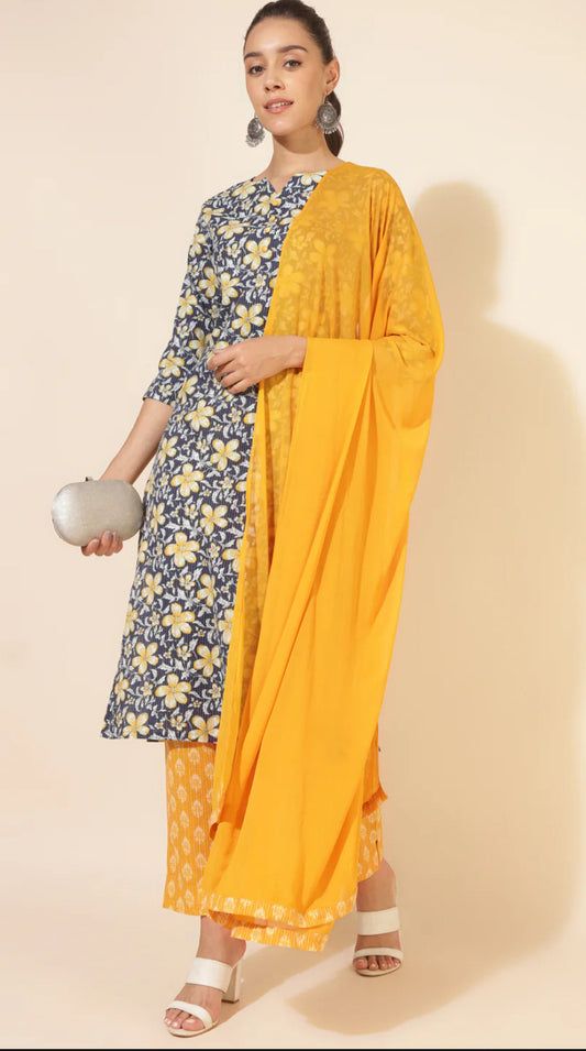 Blue Cotton Floral Regular Kurta Set