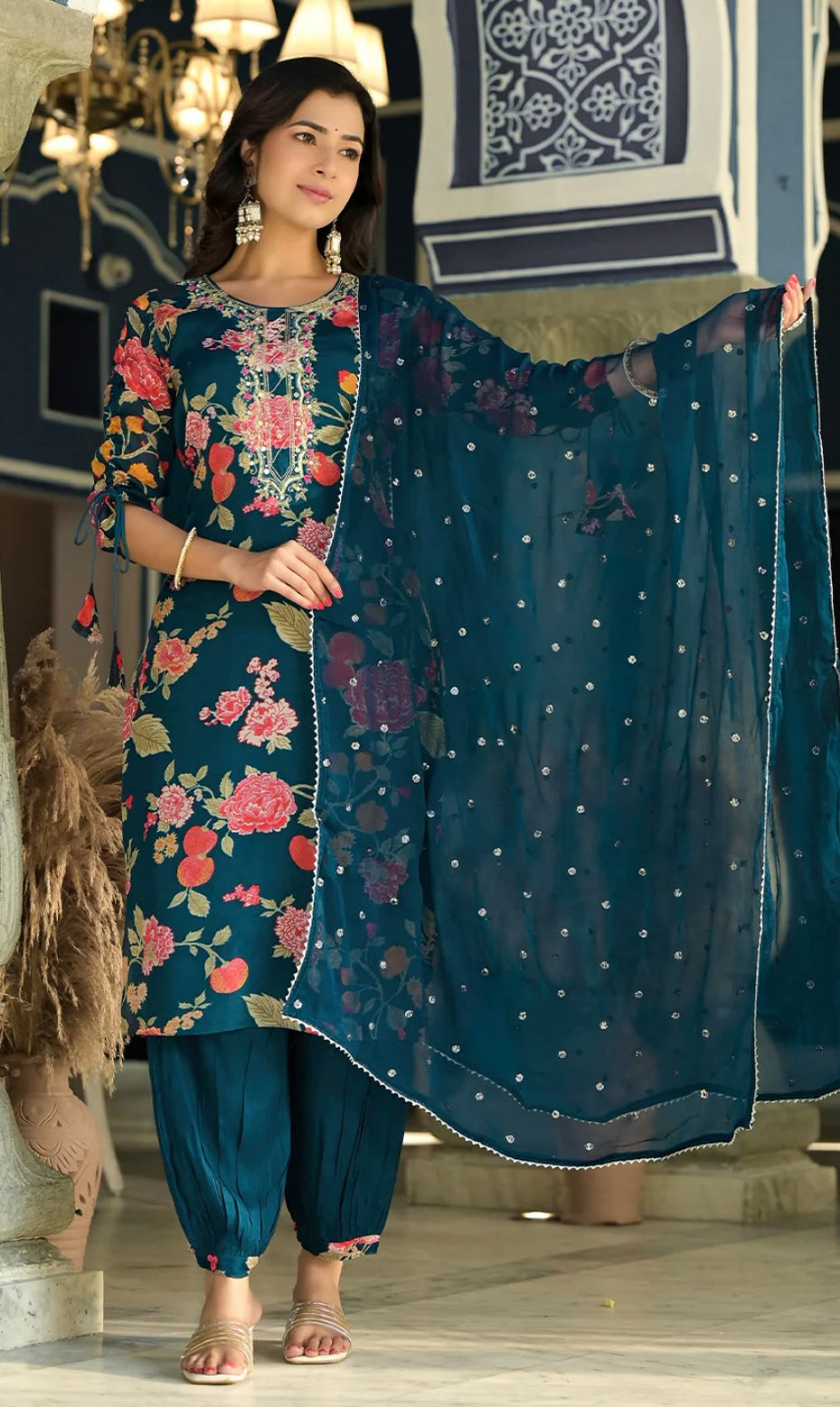 Teal Blue Viscose Chinnon Embellished Kurta with Balloon Pant and Dupatta