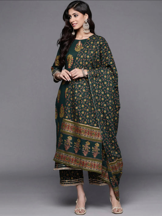 Green Printed Straight Kurta Palazzos With Dupatta Set