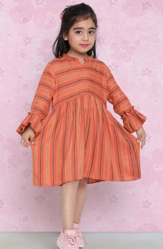 Girls Orange Striped Pure Cotton Fit & Flare Dress Indo-Silae