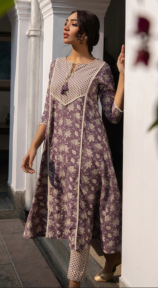 Purple Cotton Floral A-Line Kurta Set