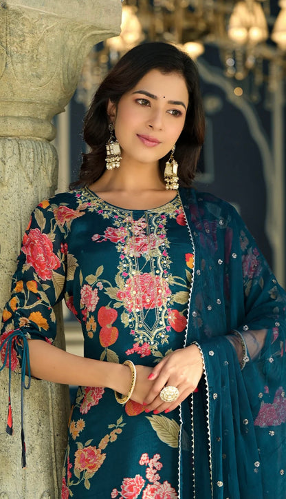 Teal Blue Viscose Chinnon Embellished Kurta with Balloon Pant and Dupatta