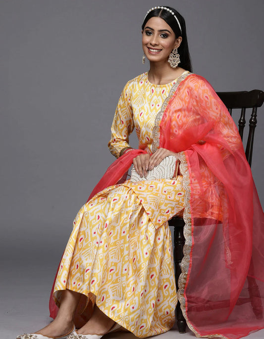 Kesariya Yellow Printed Straight Kurta Trouser With Dupatta Set Indo-Silae