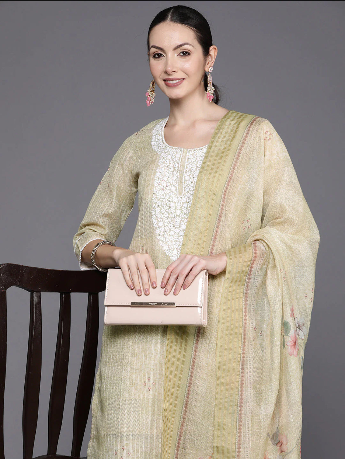 Cream Floral Embroidered Regular Thread Work Linen Kurta with Trousers & Dupatta