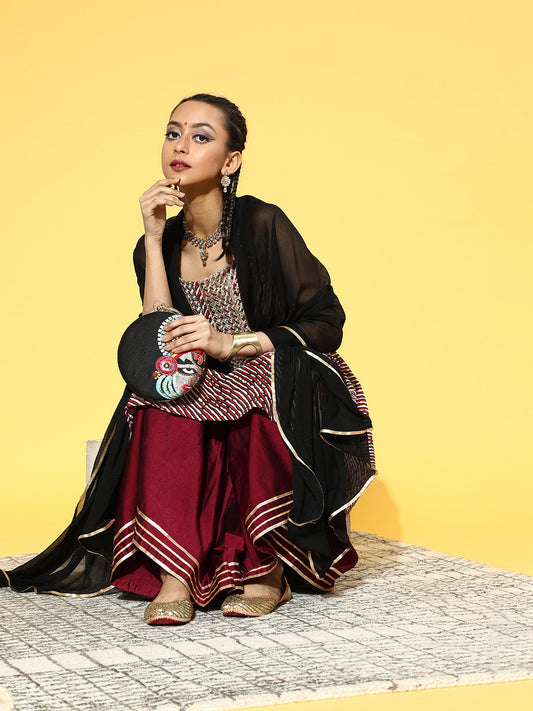 Maroon Tie & Dye A-Line Kurta Sharara With Dupatta Set