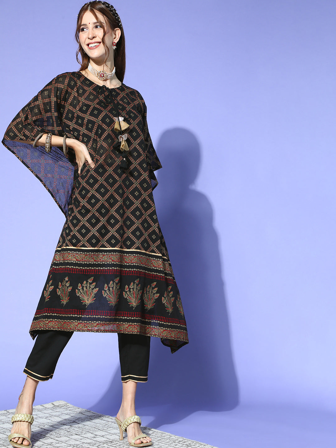 Indo Era Black Foil Printed A-line Kurta With Palazzo Set