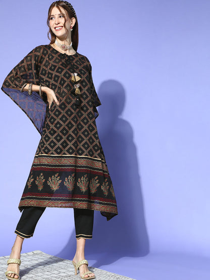 Indo Era Black Foil Printed A-line Kurta With Palazzo Set