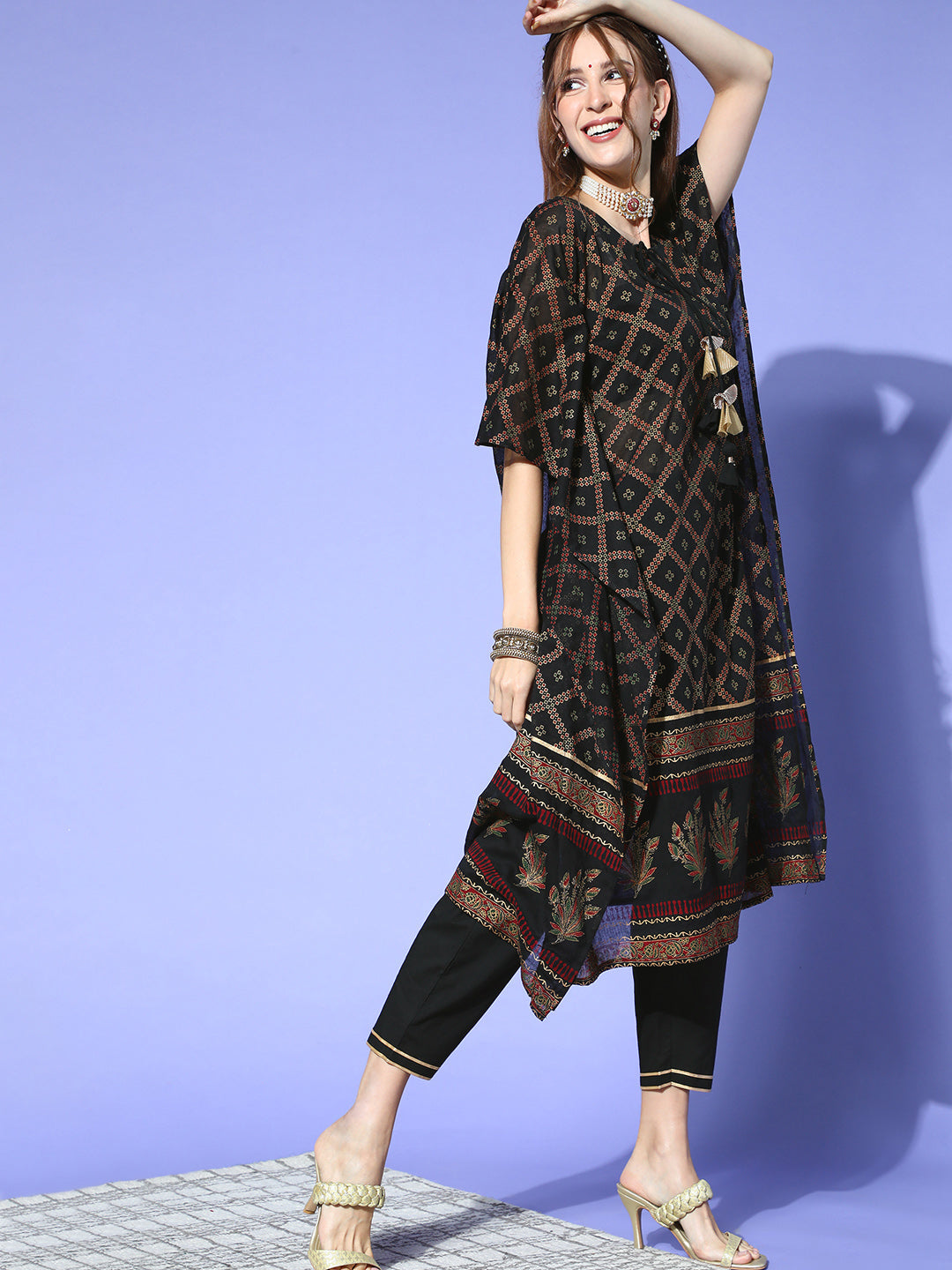 Indo Era Black Foil Printed A-line Kurta With Palazzo Set