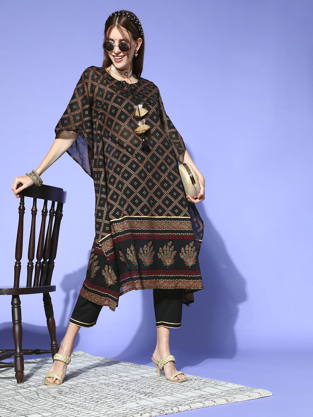 Indo Era Black Foil Printed A-line Kurta With Palazzo Set