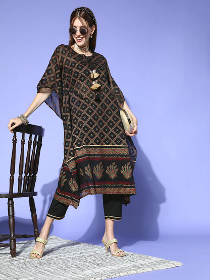 Indo Era Black Foil Printed A-line Kurta With Palazzo Set