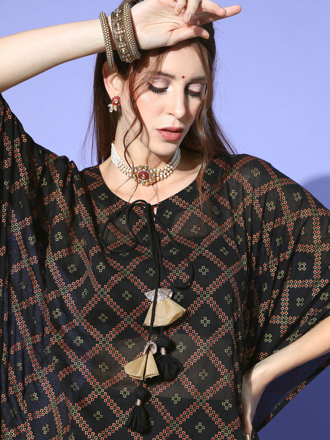 Indo Era Black Foil Printed A-line Kurta With Palazzo Set