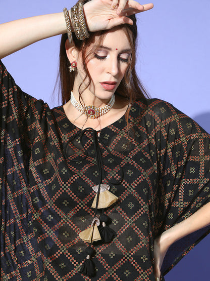 Indo Era Black Foil Printed A-line Kurta With Palazzo Set