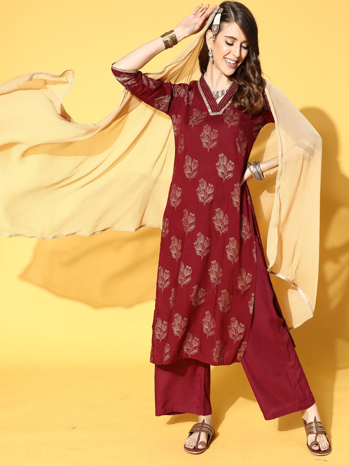 Marron Printed Straight Kurta Trouser With Dupatta Set