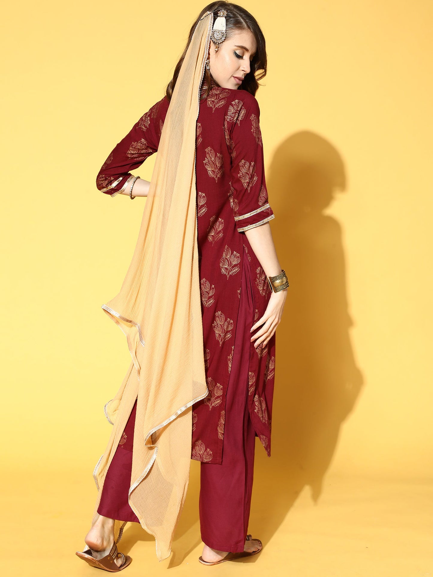 Marron Printed Straight Kurta Trouser With Dupatta Set
