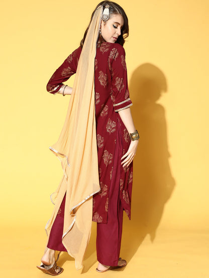 Marron Printed Straight Kurta Trouser With Dupatta Set
