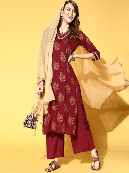 Marron Printed Straight Kurta Trouser With Dupatta Set