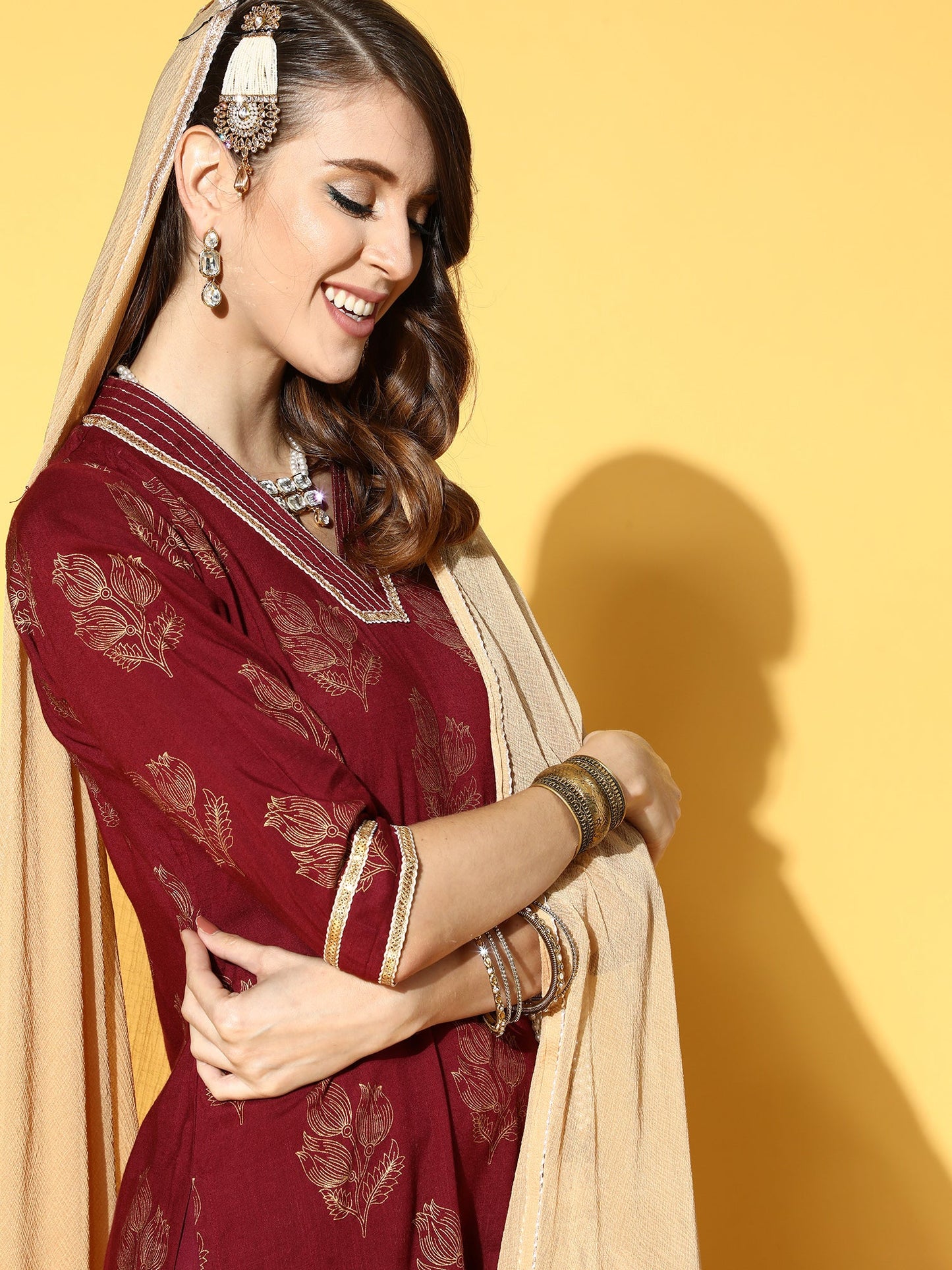 Marron Printed Straight Kurta Trouser With Dupatta Set