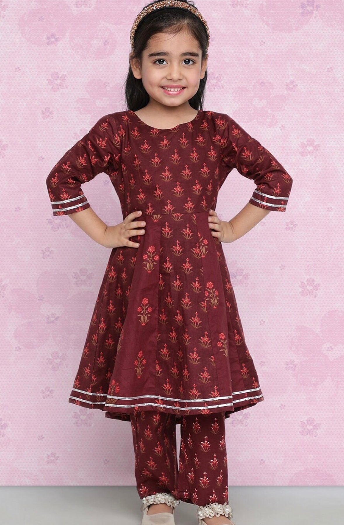 Girls Maroon Ethnic Motifs Printed Regular Kurta With Trousers Indo-Silae