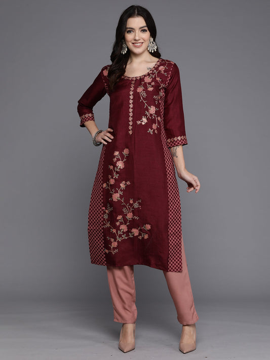 Maroon Foil Printed Straight Kurtas
