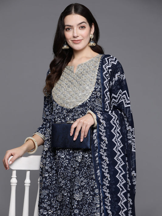 Indo Era Blue Embroidered A-Line Kurta Trousers With Dupatta Set