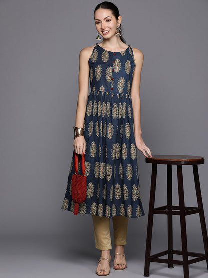 Indo Era Blue Ethnic Motifs Printed A-Line Kurta
