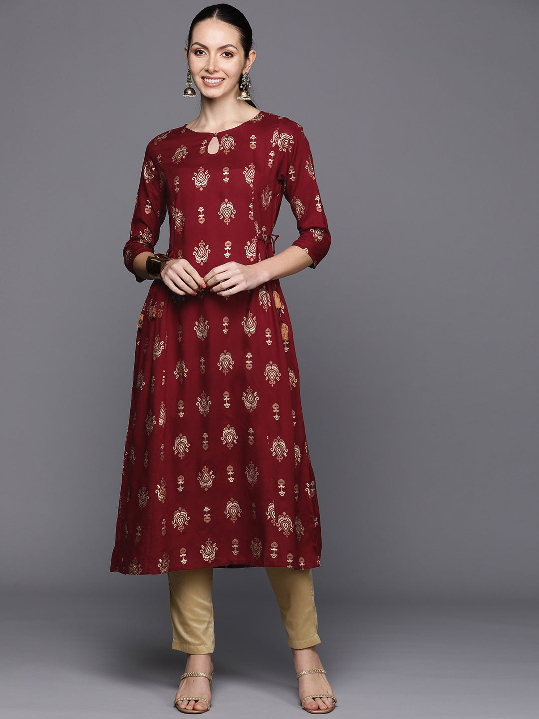 Maroon Ethnic Motifs Printed Tie-Up Detail A-Line Kurta