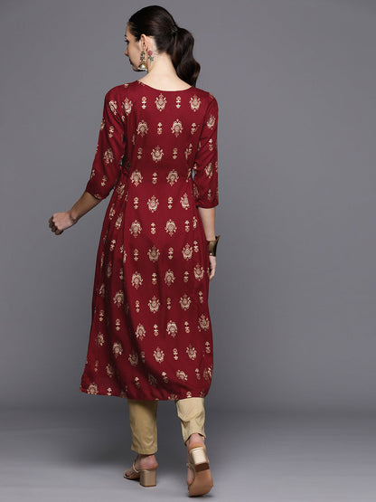 Maroon Ethnic Motifs Printed Tie-Up Detail A-Line Kurta