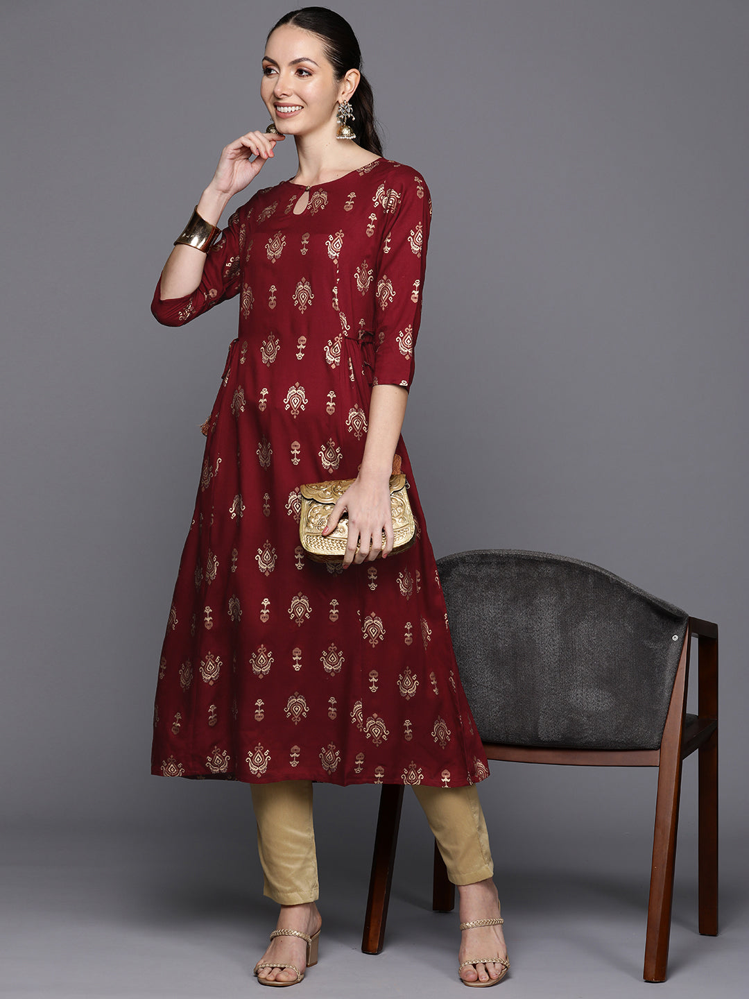 Maroon Ethnic Motifs Printed Tie-Up Detail A-Line Kurta