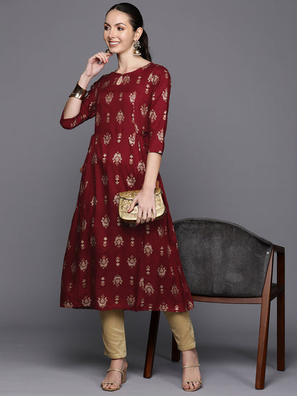 Maroon Ethnic Motifs Printed Tie-Up Detail A-Line Kurta
