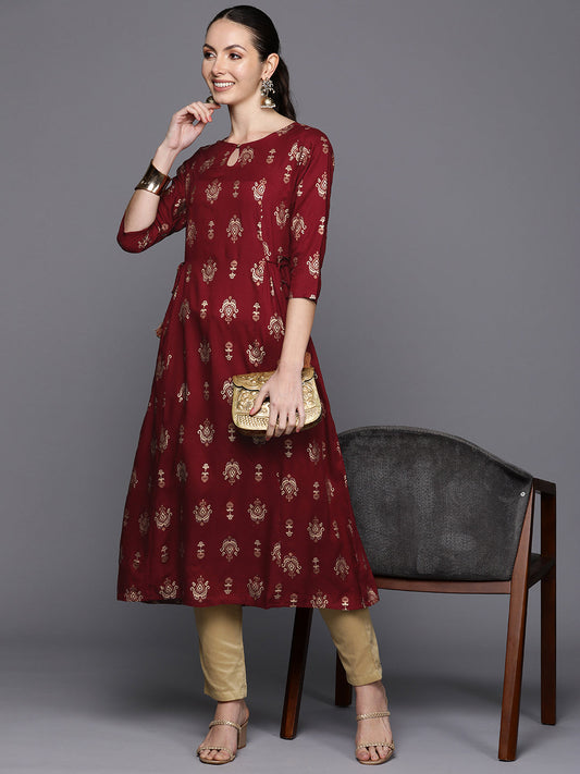 Maroon Ethnic Motifs Printed Tie-Up Detail A-Line Kurta
