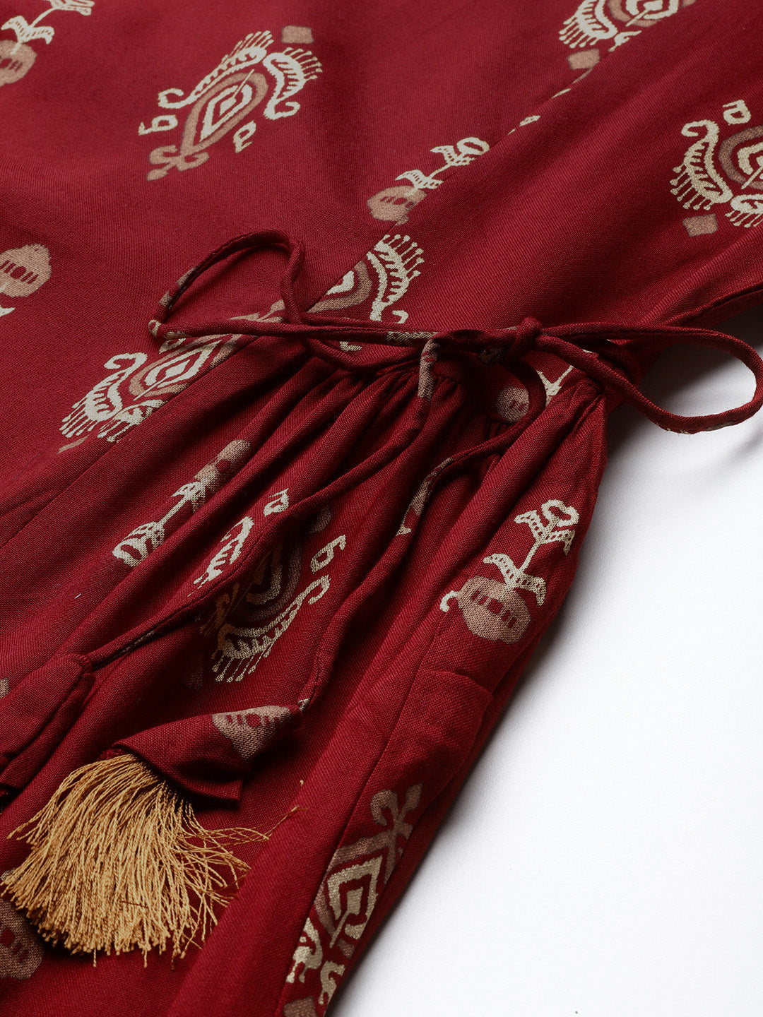 Maroon Ethnic Motifs Printed Tie-Up Detail A-Line Kurta