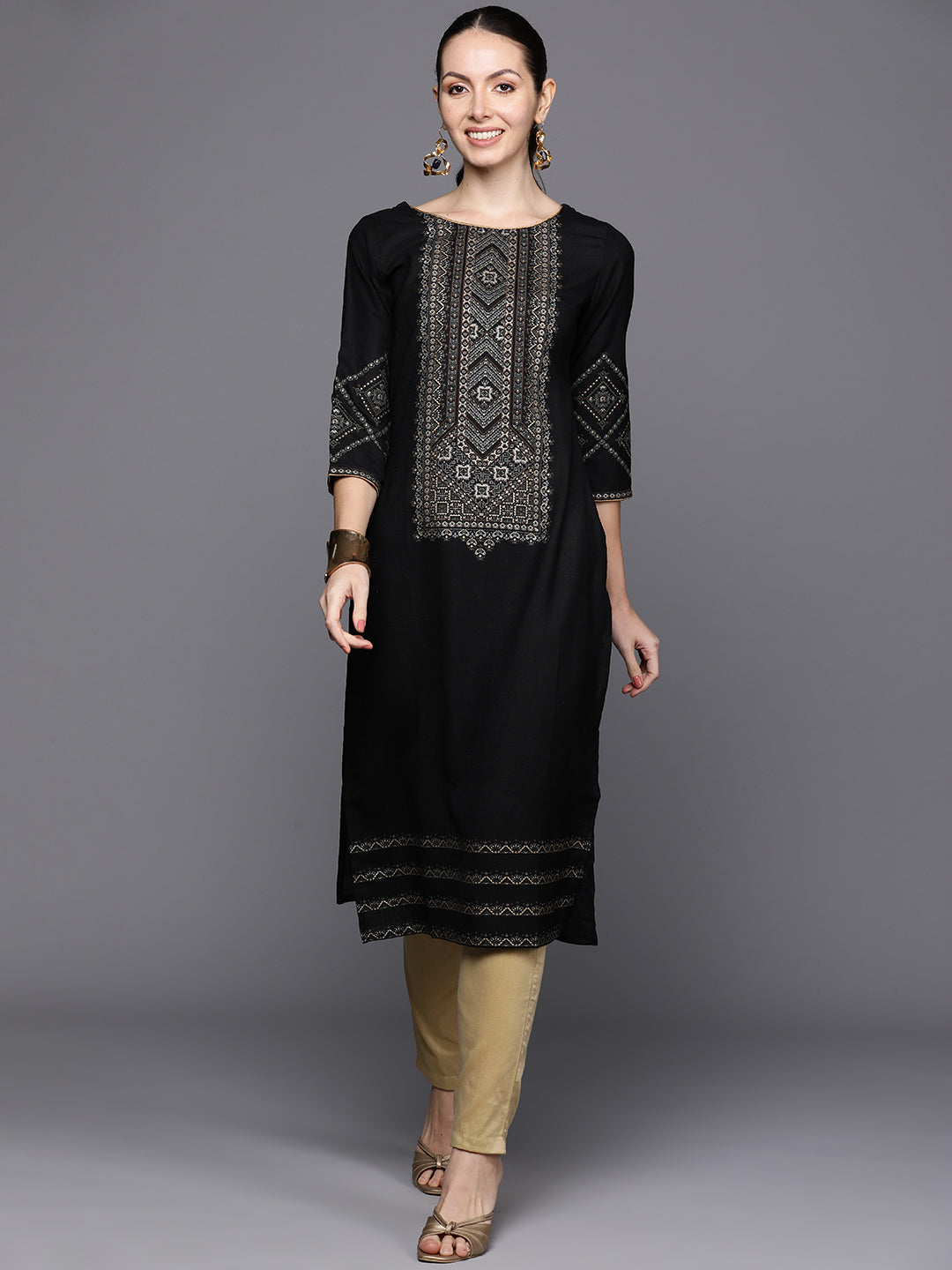 Indo Era Black Ethnic Motifs Foil Printed Straight Kurta